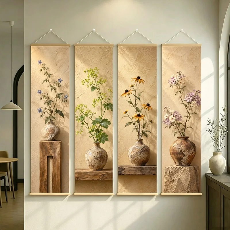 Wall Decor Phlox and Black Eyed Susan, Natural Wabi-Sabi Botanical Silver Shimmer Canvas Hanging Scroll for Zen Sanctuary