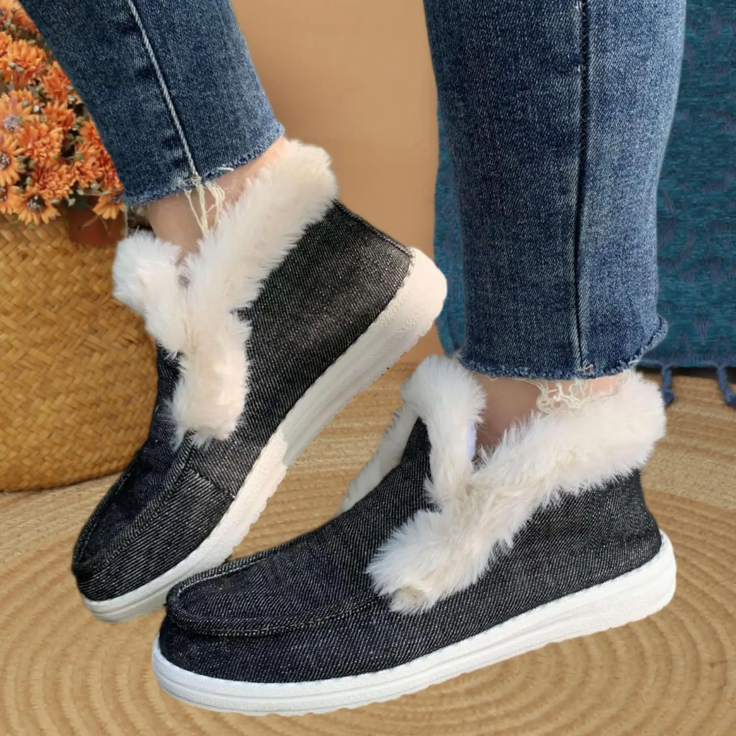 Women Winter Furry Collar Slip On Ankle Boots, Warm Plush Lining Canvas Casual Flat Shoes, Non-slip Lightweight Daily Walking Shoes