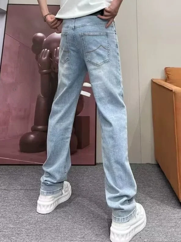 American High Street Men's Jeans Elastic Loose Straight Leg Slim Fit Light Color Spring Autumn Wear Resistant Comfortable Jeans