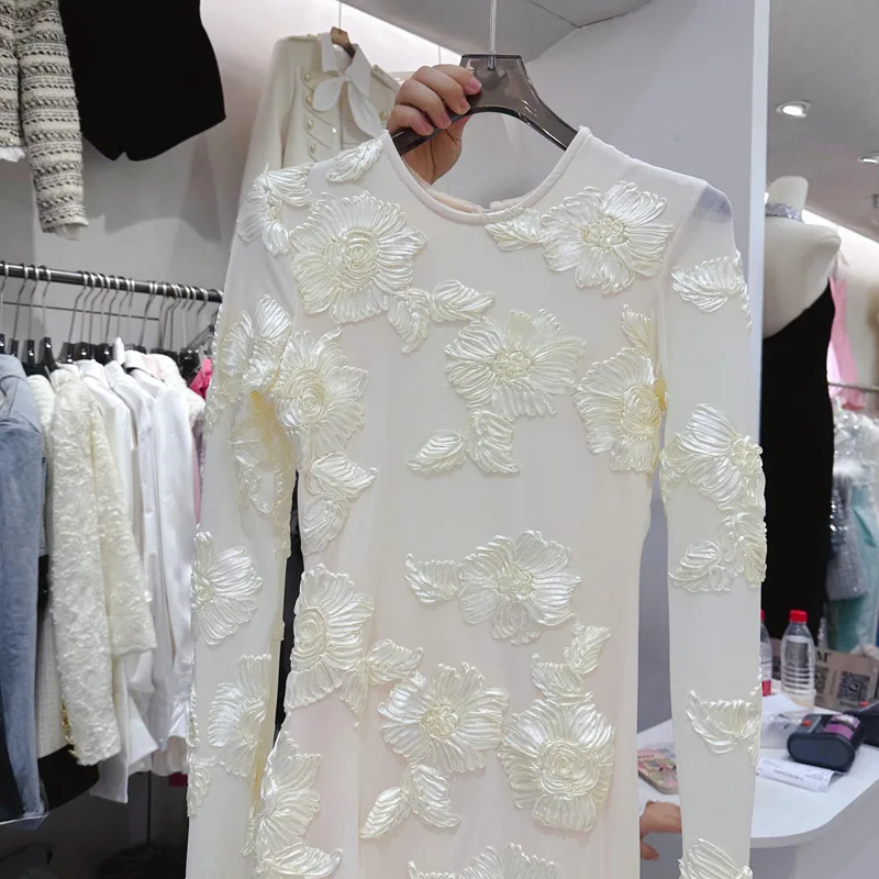 2024 Winter New Collection Long Flare Sleeve Embroidered Floral Back Hollow Out Beige Short Dress Women