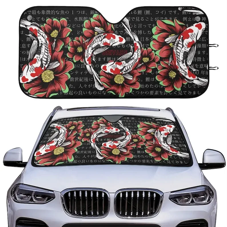 Koi Fish Floral JDM Car Sunshade Japanese Inspired Car Accessories Windshield Banner Japanese Fish Flowers Design JDM Car Sunshi