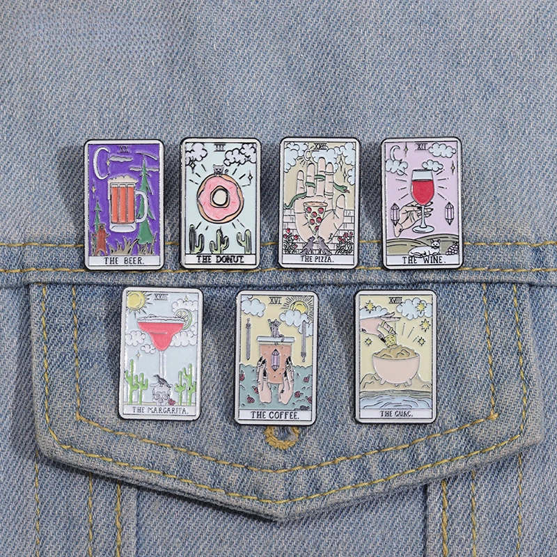 Tarot Enamel Pins Cute Donut Coffee Pizza Brooches Lapel Badge Hat Clothes Backpack Jewelry Accessories Brooch for Friends Gifts