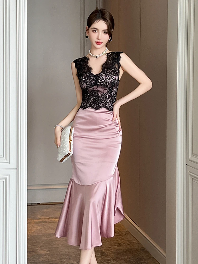 Elegant Fake 2-Piece Evening Dress Women Sexy Black Pink Sparkling Sequin Backless Ruffles Fishtail Robe Lady Party Prom Vestido