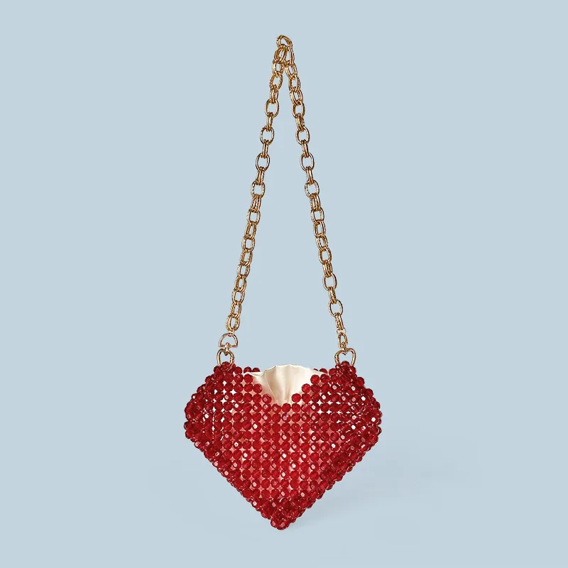 Fashion Red Heart Shape Beaded Bag Mini Handmade Acrylic Bead Gold Chain Shoulder Bag Female Evening Bag Wedding Party Clutches