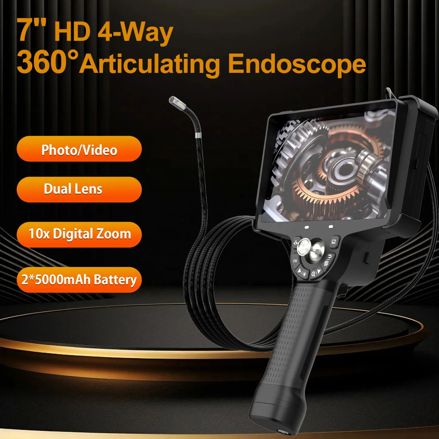 Flexible Portable Industrial Endoscope Borescope with 6mm Lens 1M Cable IP67 Waterproof 720P HD 360° Rotatable for Car Repair