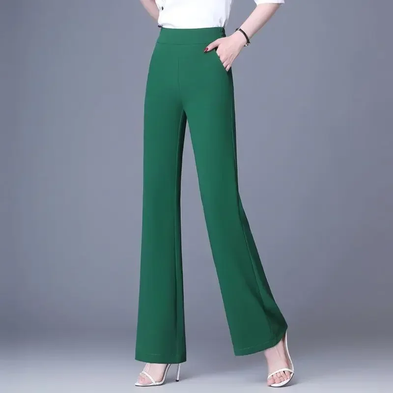 

Simplicity Office Lady Summer Pants Women Solid Color Elastic Waist Pockets High Waist Fashion Slim Straight Casual Flare Pants