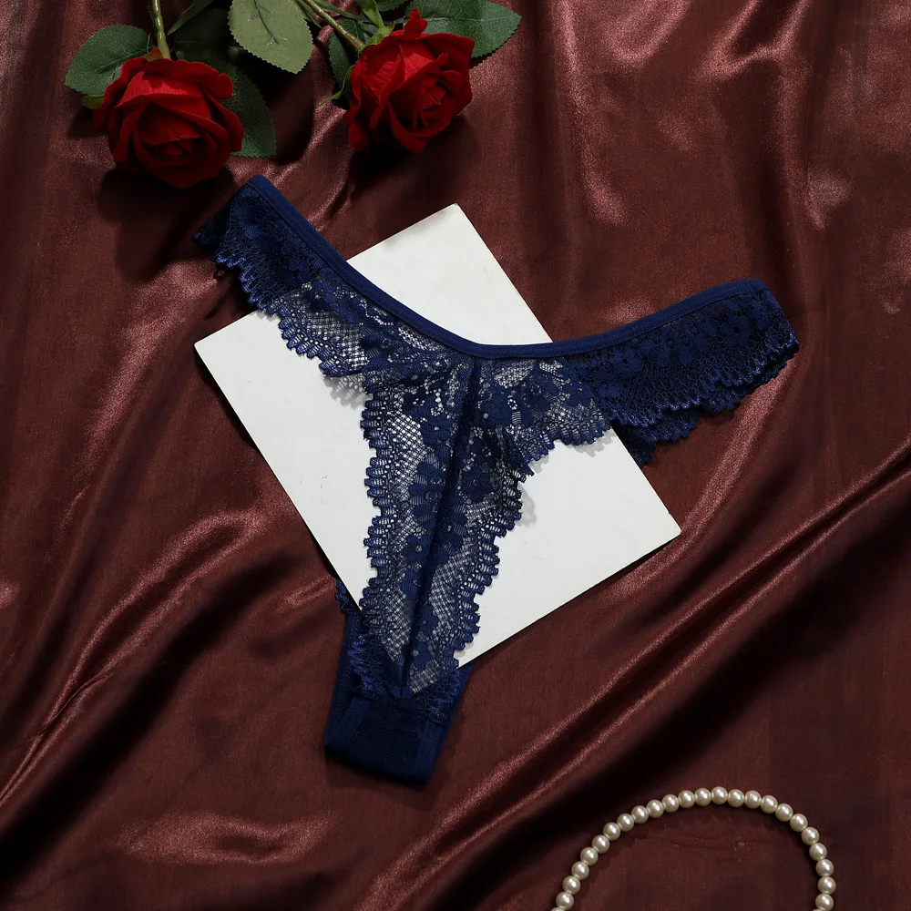 Sexy Lace Trim Thongs Women's Hollow Out Translucent Ventilate Underwear Low Waist Butterfly Knot Solid Panty