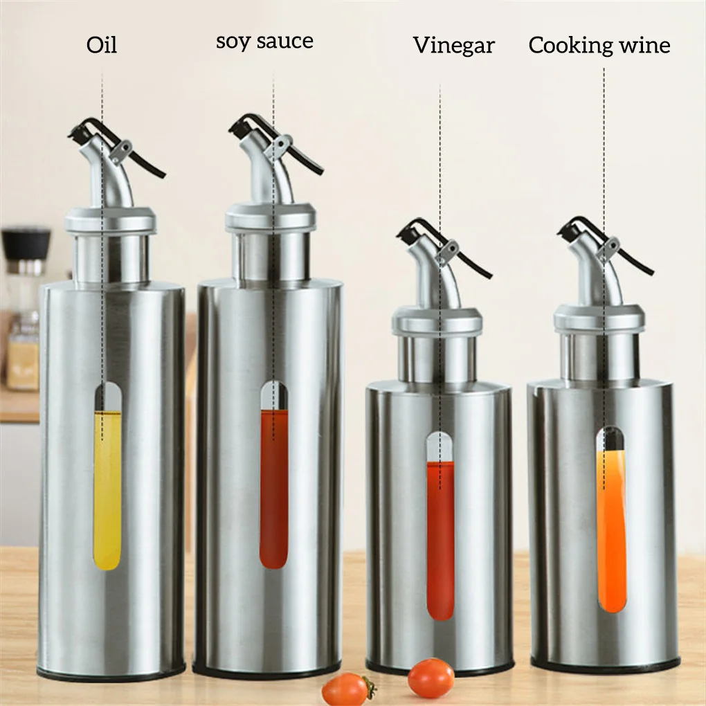 190ml/290ml Stainless Oil Bottle Sauce Holder Dispenser Glass Visual Window Container Jar Gadget for Seasoning Roasting Tools