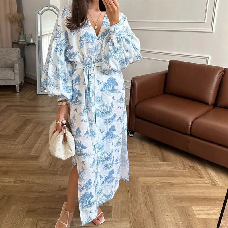 

ALPHALMODA 2025, Retro, Ink Printing, Off-shoulder, Lantern Long-sleeved, Belted, Women Loose Dress, Side Slits Casual Dress