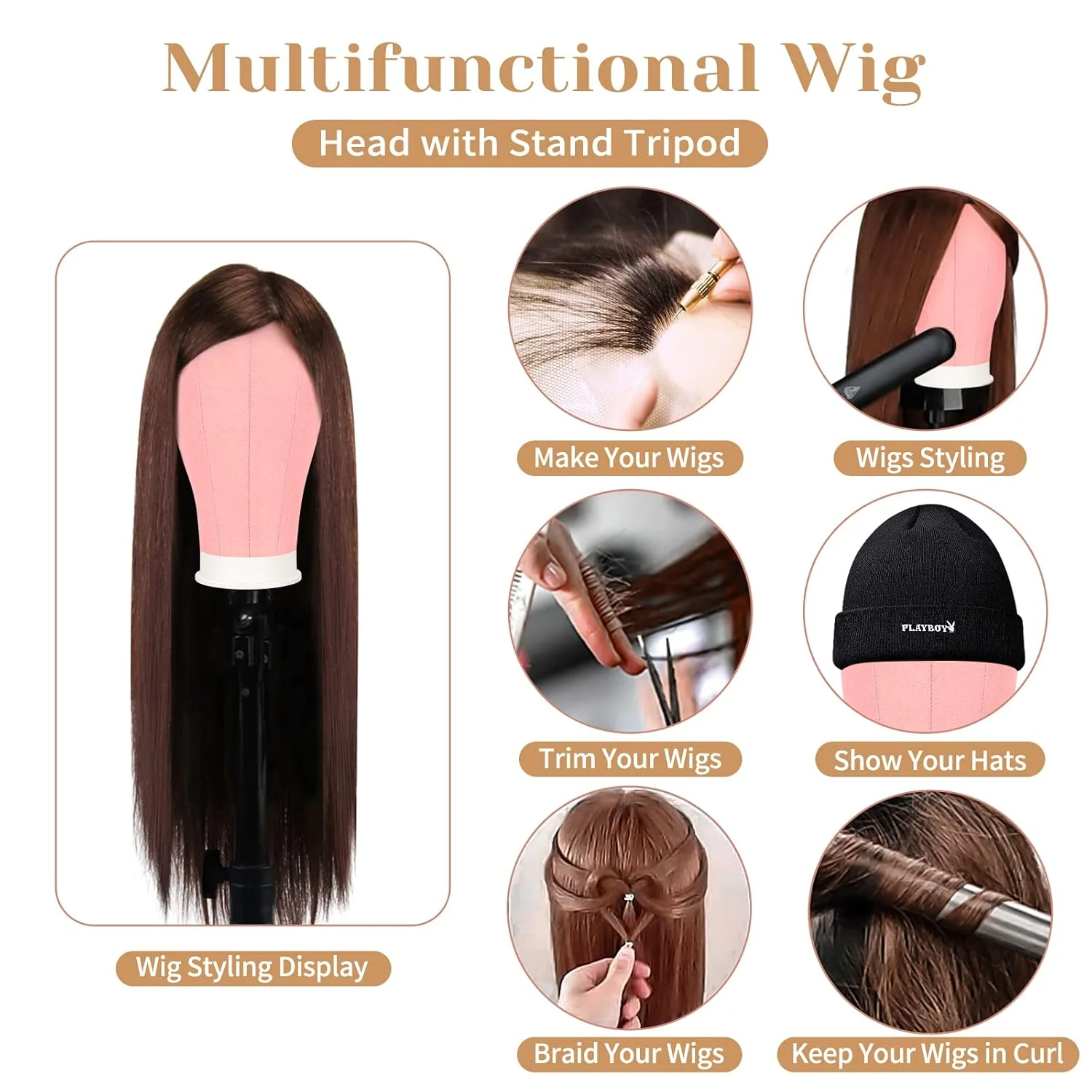 2025 New 22inch Canvas Block Wig Head &Tall Wig Stand Tripod Set, for Multiple wigs, Perfect for Making Wigs, Display Styling image 6