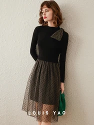 LOUIS YAO Women Dress 2024 Spring Wave Point Mesh Dress Mid Length Elegant Slim Fit Bow Fake Two Pieces Knit Dress for Women