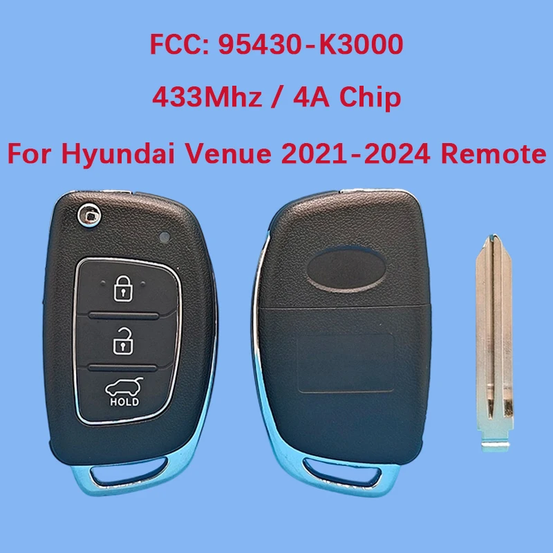 

CN020396 Aftermarket 3-кнопочный смарт-ключ с дистанционным управлением, чип 4A, 433 МГц, FCC ID 95430-K3000, без ключа для Hyundai Venue 2021-2024