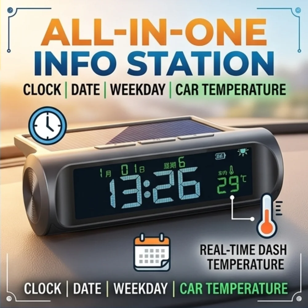 Solar Powered Car Clock Thermometer Digital Time Date Week Year Temperature Monitor for Vehicle Dashboard Auto On Off Black