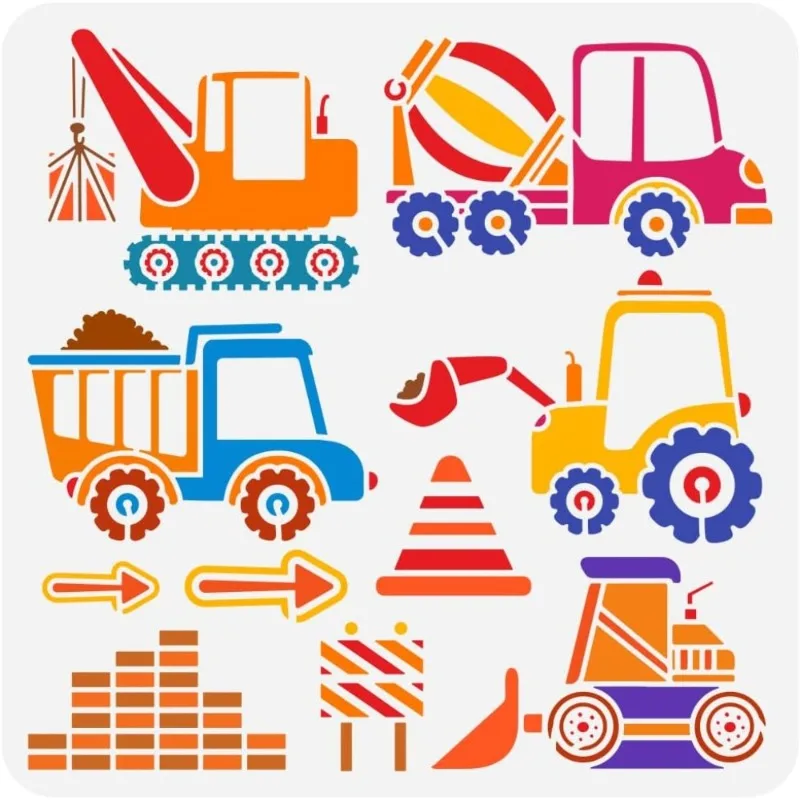 1pc Construction Vehicle Painting Stencil 11.8x11.8inch Reusable Excavator Crane Truck Drawing Template Dump Truck Cranes Mixers