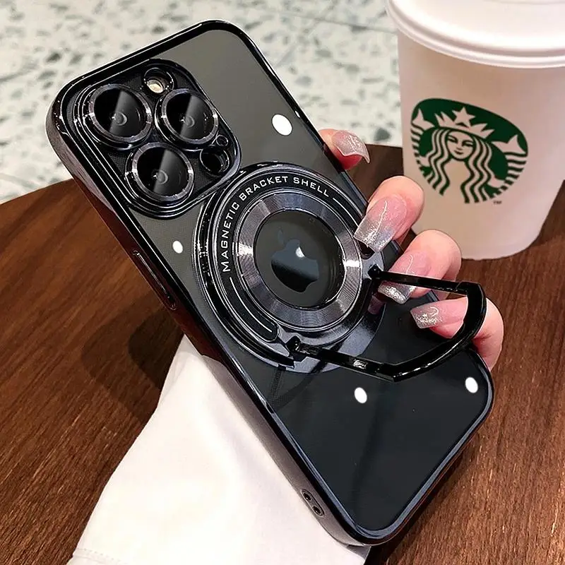 Luxuriöse Magsafe-Handyhülle für kabelloses Laden für iPhone 11, 12, 13, 14, 15, 16 Pro Max Plus, magnetische Ringhalterung, Stoßstangenabdeckung