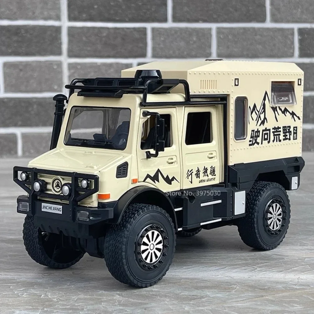 

Масштаб 1/20, игрушечный автомобиль из сплава, модель Unimog RV ORV, внедорожник со звуком, Детская дверь, открывается, для мальчиков, декоративные подарки на Рождество