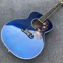 43 Inches Blue Solid Spruce J200 Acoustic Guitar Abalone Ebony Flame Maple Body Electric Guitarra