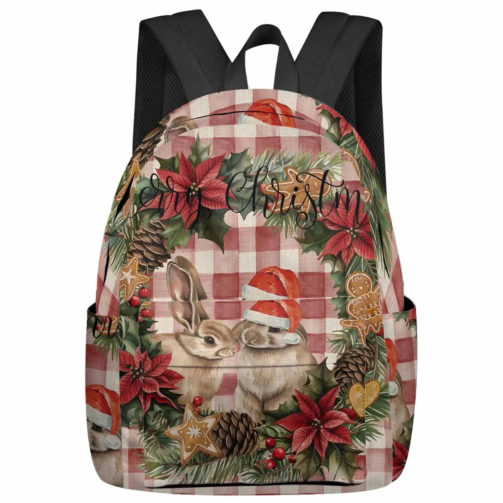 

Christmas Wreath Rabbit Christmas Hat Backpack School Bags for Teenagers Students Laptop Bag Women's Casual Travel Backpack