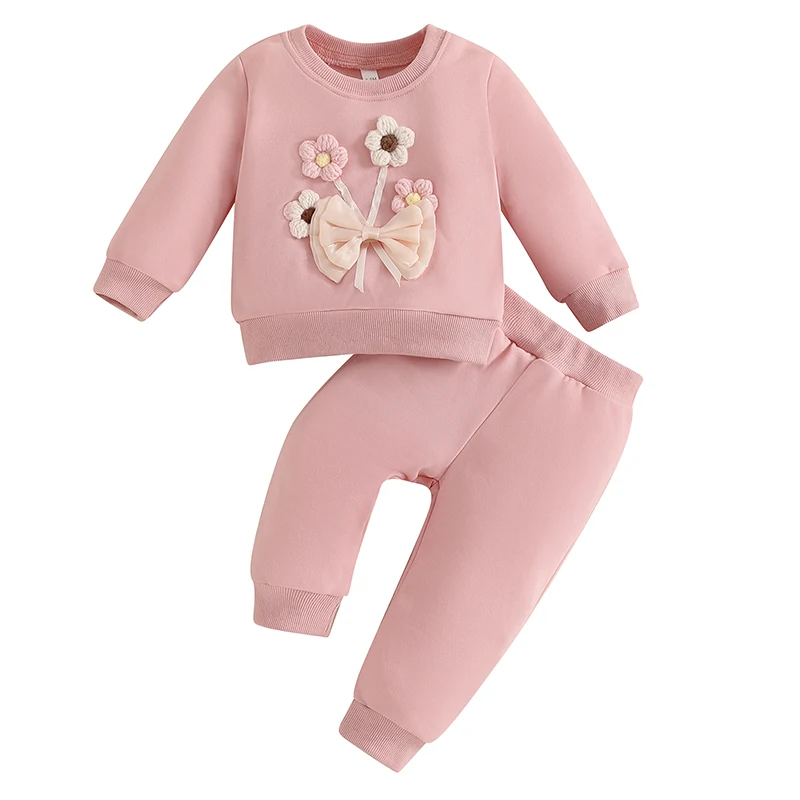 

Toddler Girl Fall Outfits Flower Bow Decor Crew Neck Long Sleeve Sweatshirts Long Pants 2Pcs Clothes Set