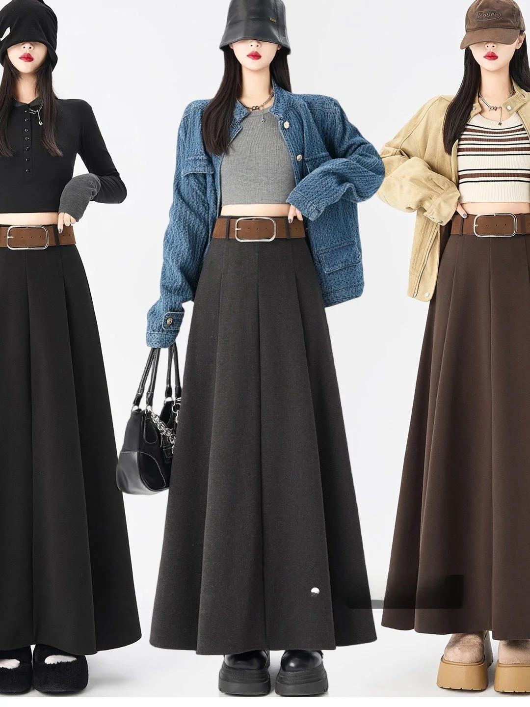 

Юбка-миди трапециевидной формы с высокой талией в стиле ретро, женская зима 202, новая шерстяная юбка Sle Ele, длинная драпированная юбка