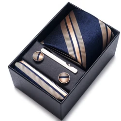 Holiday Gift Box 8 cm Tie Sets Blue Stripe Hombre Necktie Handkerchief Cufflinks Clip Box Wedding Gravatas Fit Formal Party