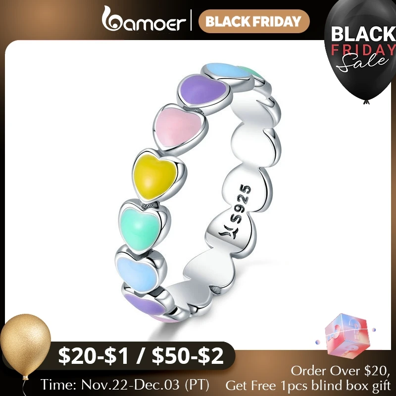 BAMOER 925 Sterling Silver Cute Rainbow Heart Finger Ring for Women Stackable Silver Ring with Mini Hearts Trendy Jewelry SCR444