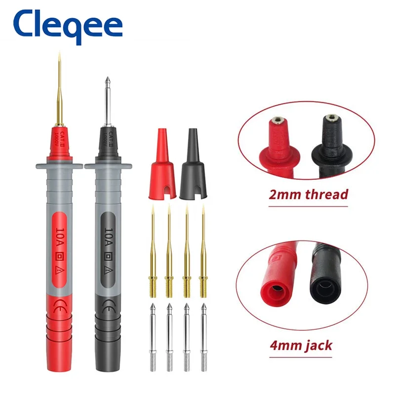 Cleqee P8003 시리즈 멀티미터 테스트 프로브 세트, 4mm 바나나 플러그 어댑터, 교체 가능, 1mm, 2mm 바늘 핀, 다목적 테스트 펜