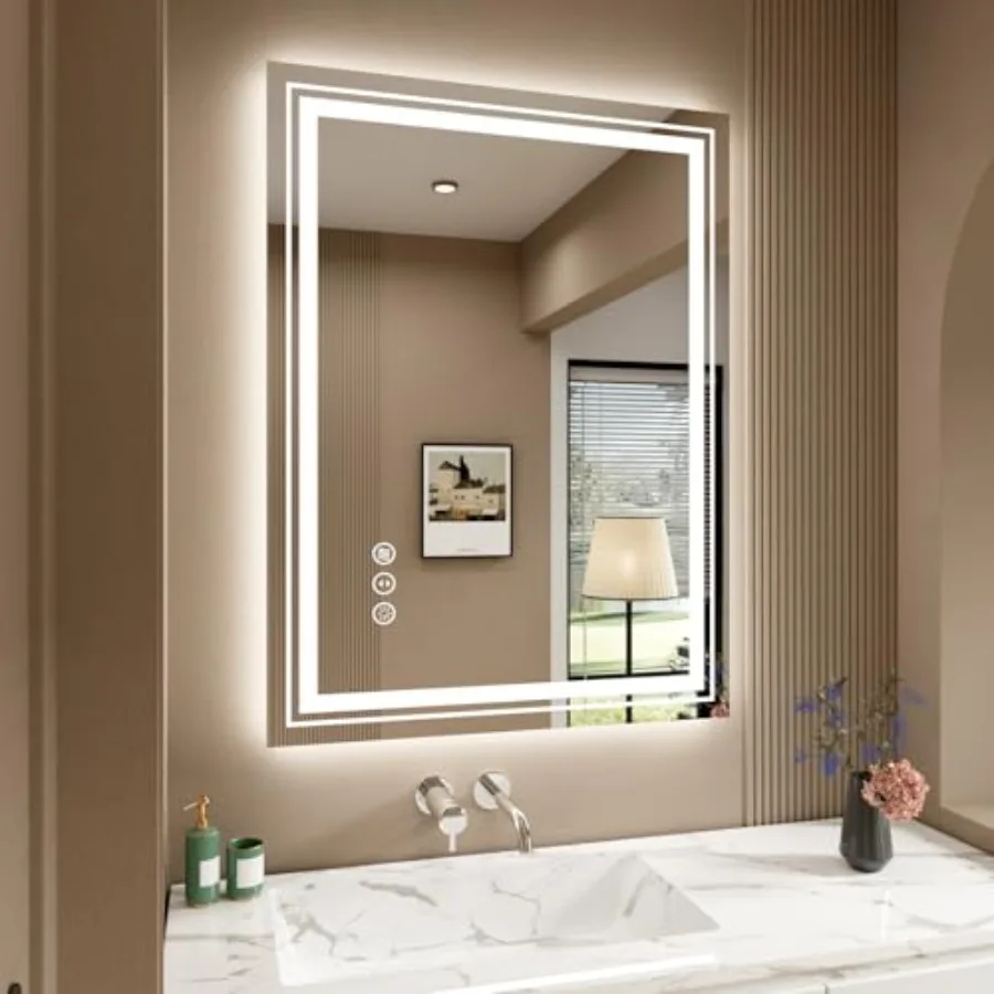 

Bathroom vanity mirror, aluminum frame, white, front and back LED lighting with stepless dimming, anti-fog, shatter-proof, memo