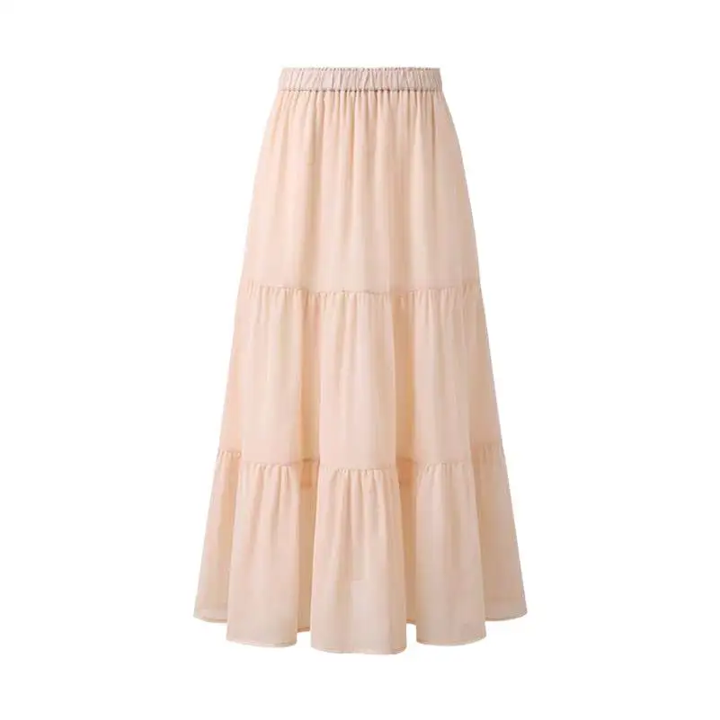 

2024 New Autumn Long Chiffon Skirts Women Solid Casual Ruffles Elegant Skrits Female Elastic High Waist Skirts