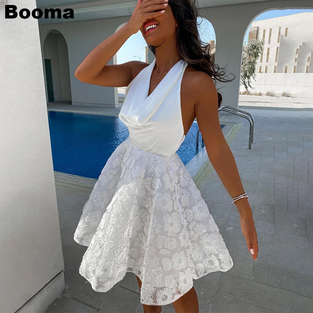 Booma-Robe de soirée en dentelle florale pour femmes, robes de Rhcourtes A-ligne, licou dos nu, soirée pour occasions spéciales, peu importe Dubaï, blanc