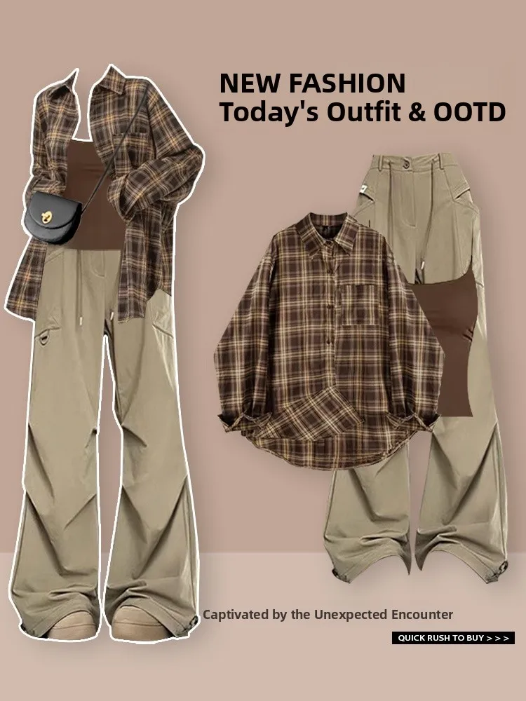 Modny zestaw damski na jesień: krata, nowy styl, seksowny, stylizowany na styl spicy girl, pasujący do kamizelki, spodnie robocze z prostymi nogawkami i szerokimi nogawkami.
