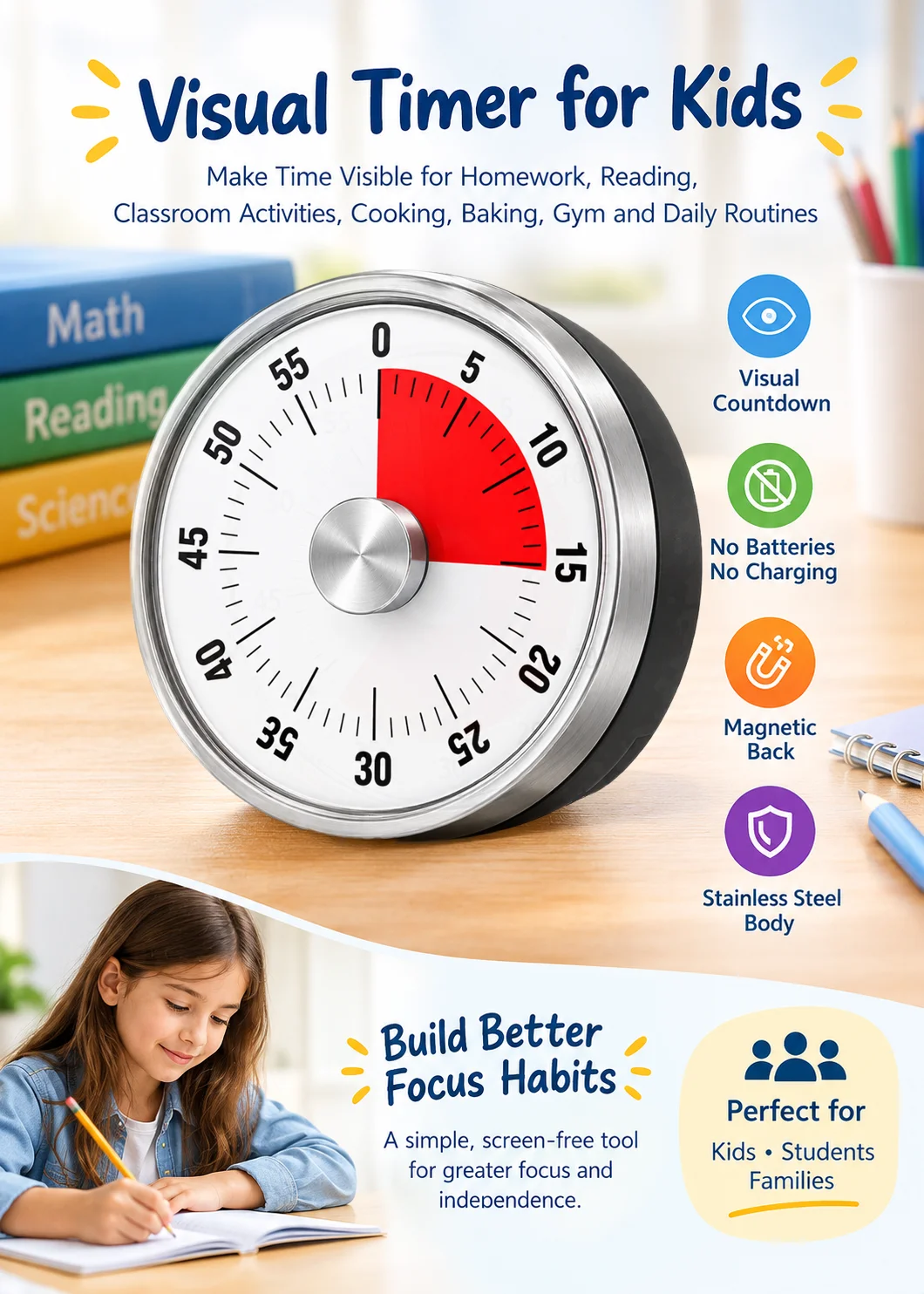 Visual Timer for Kids, 58 Minute Study Timer, Magnetic Mechanical Timer Make Time Visible for Homework, Reading, Classroom