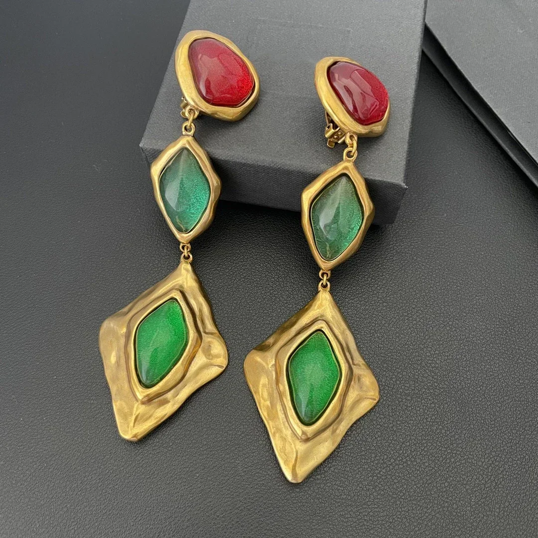 

Vintage Designer Brand Colored Crystal Brass Earrings Ear Clip Women Famous Luxury Jewelry Trend