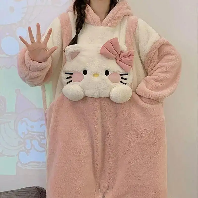 Hello Kitty Cute One-Piece Pajamas for Women Coral Velvet Autumn Winter Sweet Thickened Warm Flannel Home Wear Cartoon New Style view 6