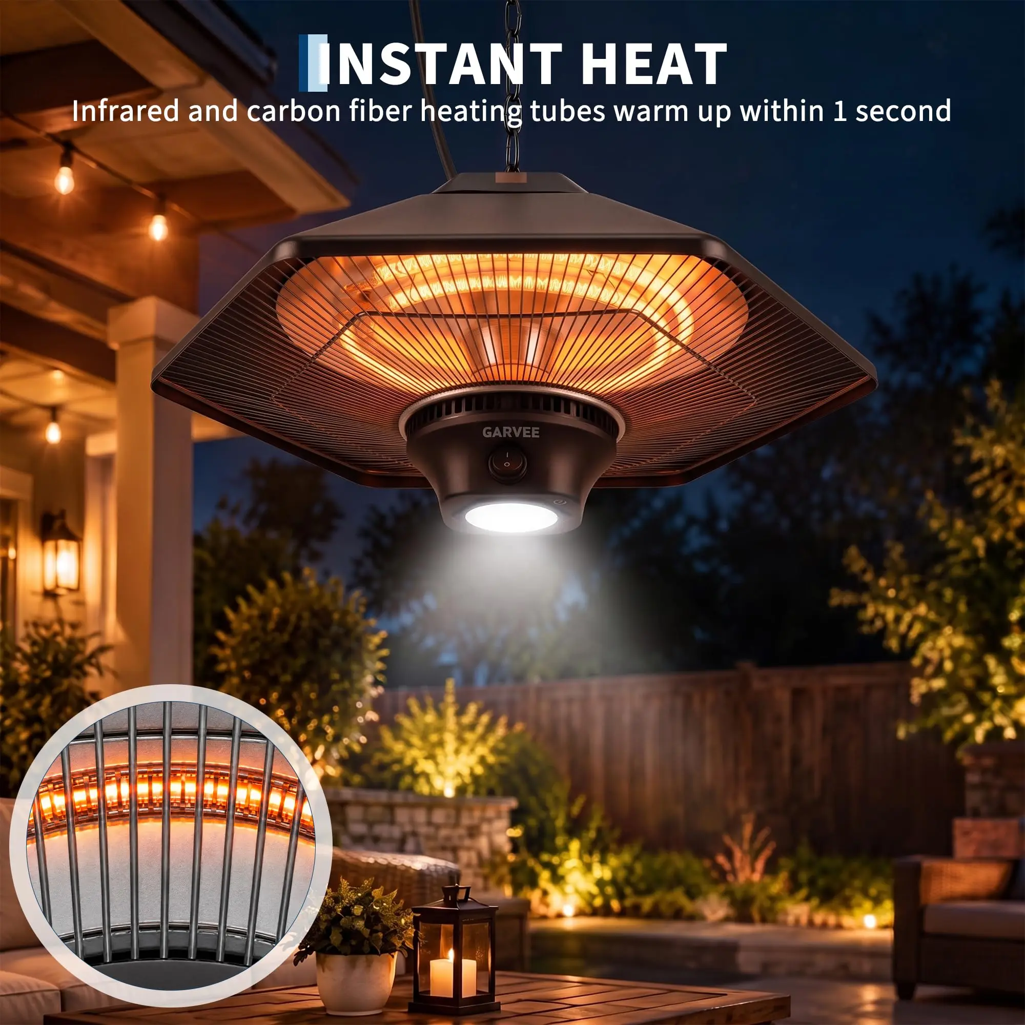 1500W Hanging Patio Heater With Remote, Ceiling Mounted Electric Infrared Heater, 3 Heating Levels, IP34, LED Light, For Gazebo