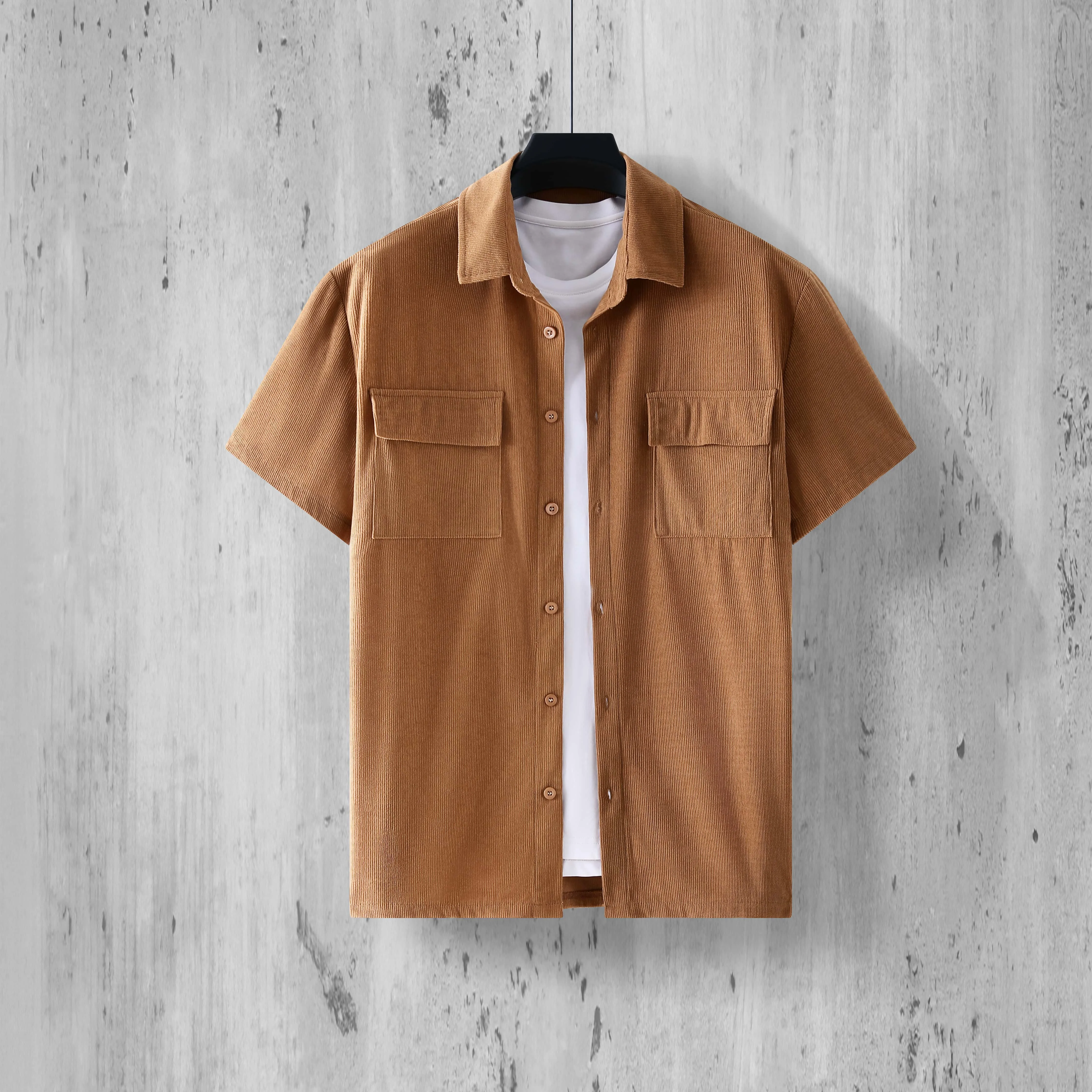 

Fashion Ribbed Textured Corduroy Cargo Shirt Men Summer New Casual Solid Color Buttoned Shirts Mens Leisure Short Sleeve Shirts