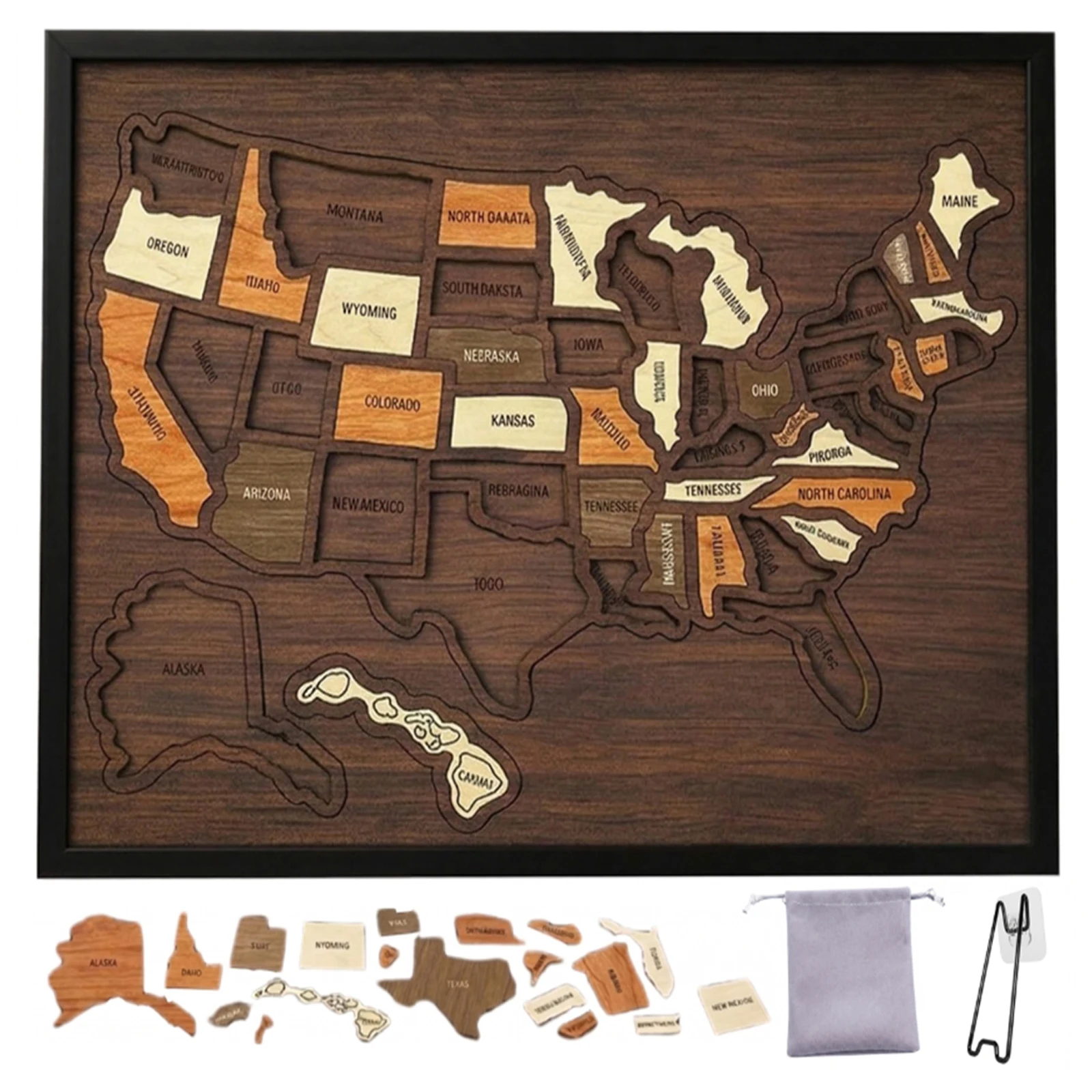Wooden USA Travel Map Puzzle with Stand, 12x10 Inch Wooden Puzzle Board, Places We've Called Home, Family Memory Keepsake Decor