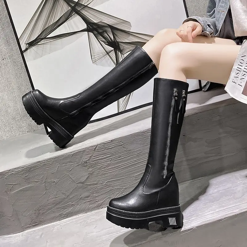 Women Chunky Platform Knee- High Boots Fashion Retro Punk Height Increasing Long Boots Woman 10cm Women Autumn Winter Booties