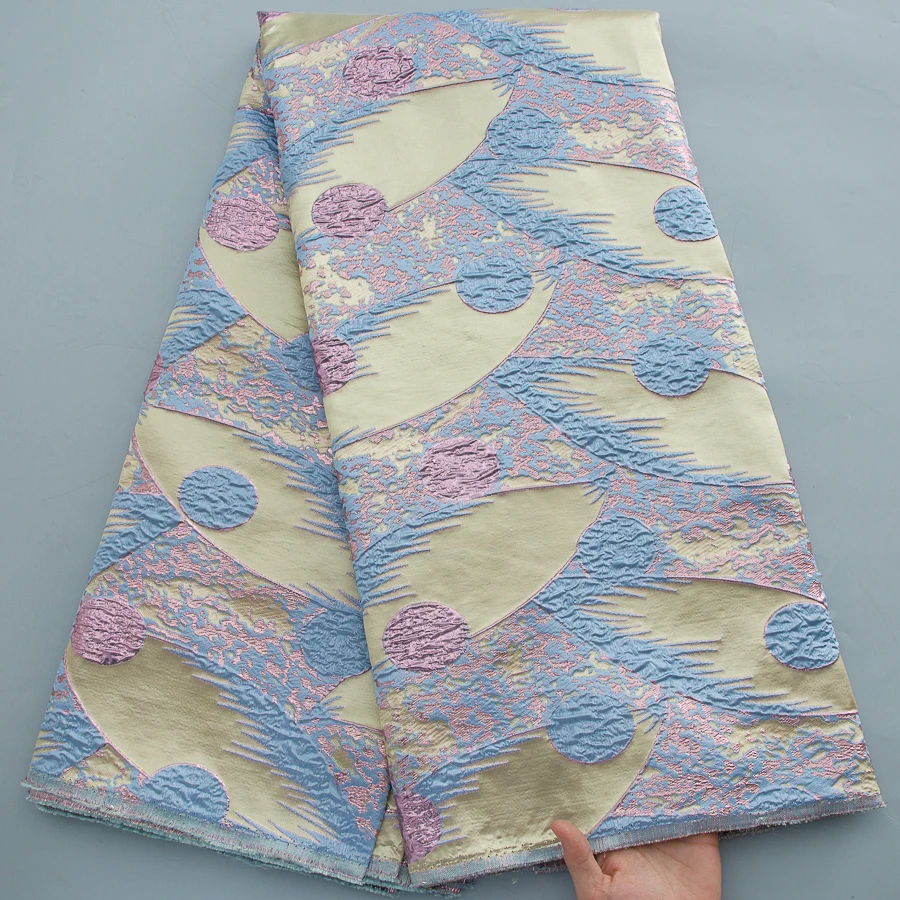 african-brocade-jacquard-lace-fabric-5yards-cream-with-pink-blue-abstract-pattern-for-traditional-attire-formal-gowns