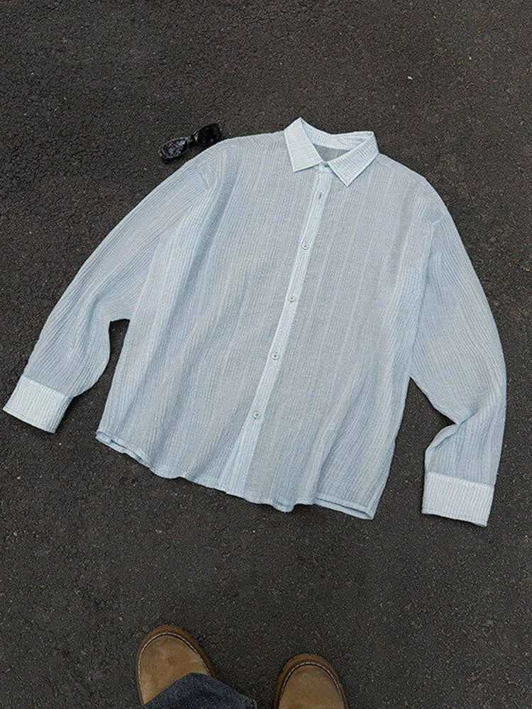 Summer Men's Thin Pleated Shirt French Casual Fashion Trend Solid Color Simple Breathable Perspective Male Sunscreen Shirts