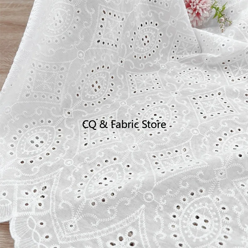 130cm Wide Hollow Out Embroidery White Cotton Fabric DIY For Table Cover/ Curtain / Clothes Sewing Accessories