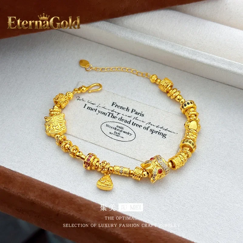 EternaGold  luxury designer jewelry 9999 24K real gold new light design new Chinese style diy wake up lion running ring wrapped