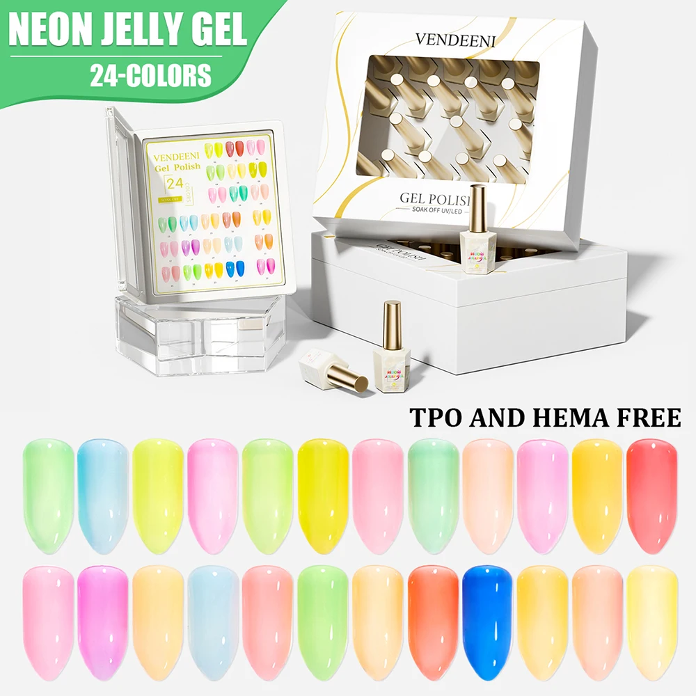 

Vendeeni 24 Colors/Set Neon Jelly Gel Nail Polish TPO HEMA FREE Fluorescent Transparent UV LED Soak Off Gel Varnish With Display