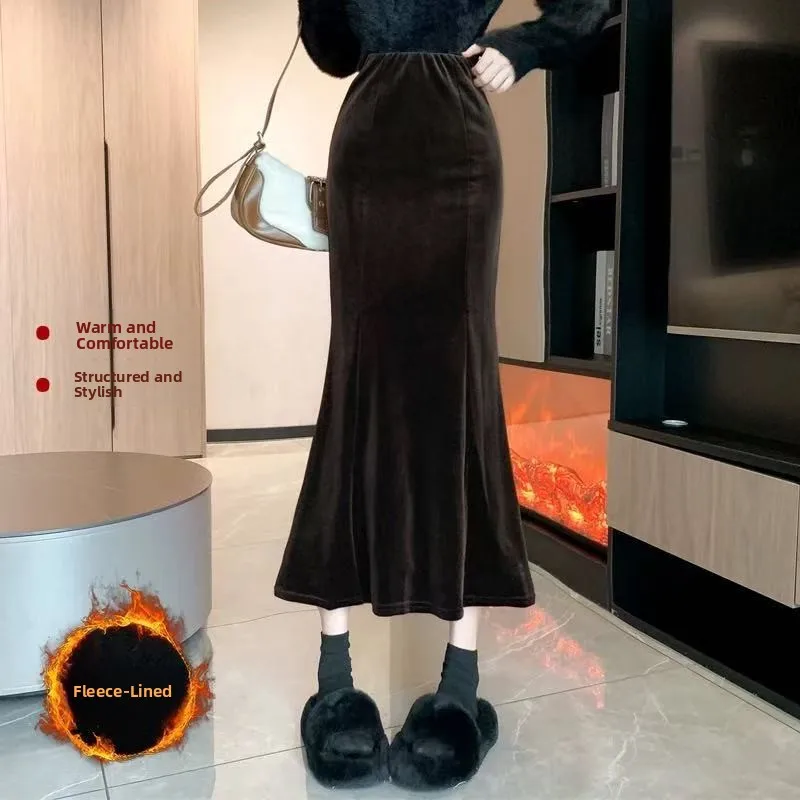 Black Velvet Fleece Lined A-Line Midi Skirt Women's High Waist Thickened Autumn Winter Slimming Half-length Fish Tail Skirt