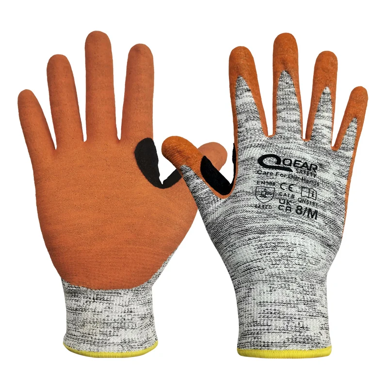 QearSafety-guantes de trabajo de protección de nivel 5, de punto de fibra HPPE, Color Naranja Arena, recubiertos de nitrilo, antideslizantes y