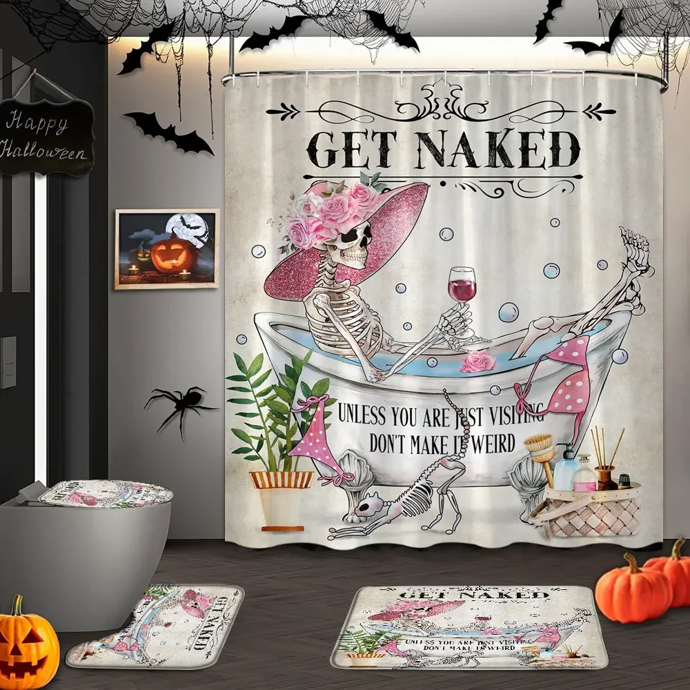 Gothic Skull Skull Shower Curtain and Rug Set Halloween Vintage Spooky Funny Bathtub with Black Rose Bones Unique Bathroom Decor