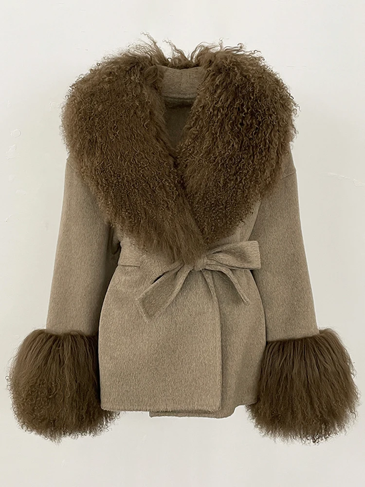 New 2025 Lady Fashion Real Fur Cuffs Coat Winter Clothing Women Wool Clothes Natural Mongolia Sheep Fur Woolen Jacket Female