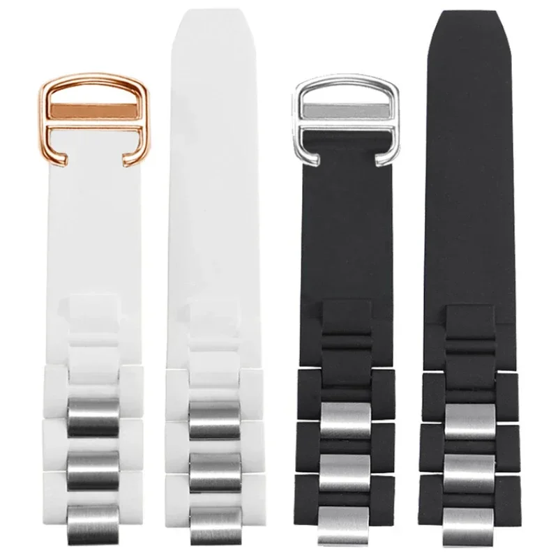 Silicone Watch Strap for Cartier 21Th Century Series Black Stainless Steel Rubber Watch Band Men Women Accessories 20 * 10mm