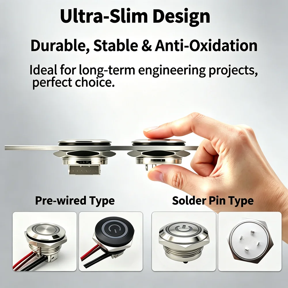 12/16/19/22mm Ultra‑thin Metal Push Button Switch Flat Micro Momentary Self‑Reset Waterproof With Wire LED Red Indicator 5V 24V
