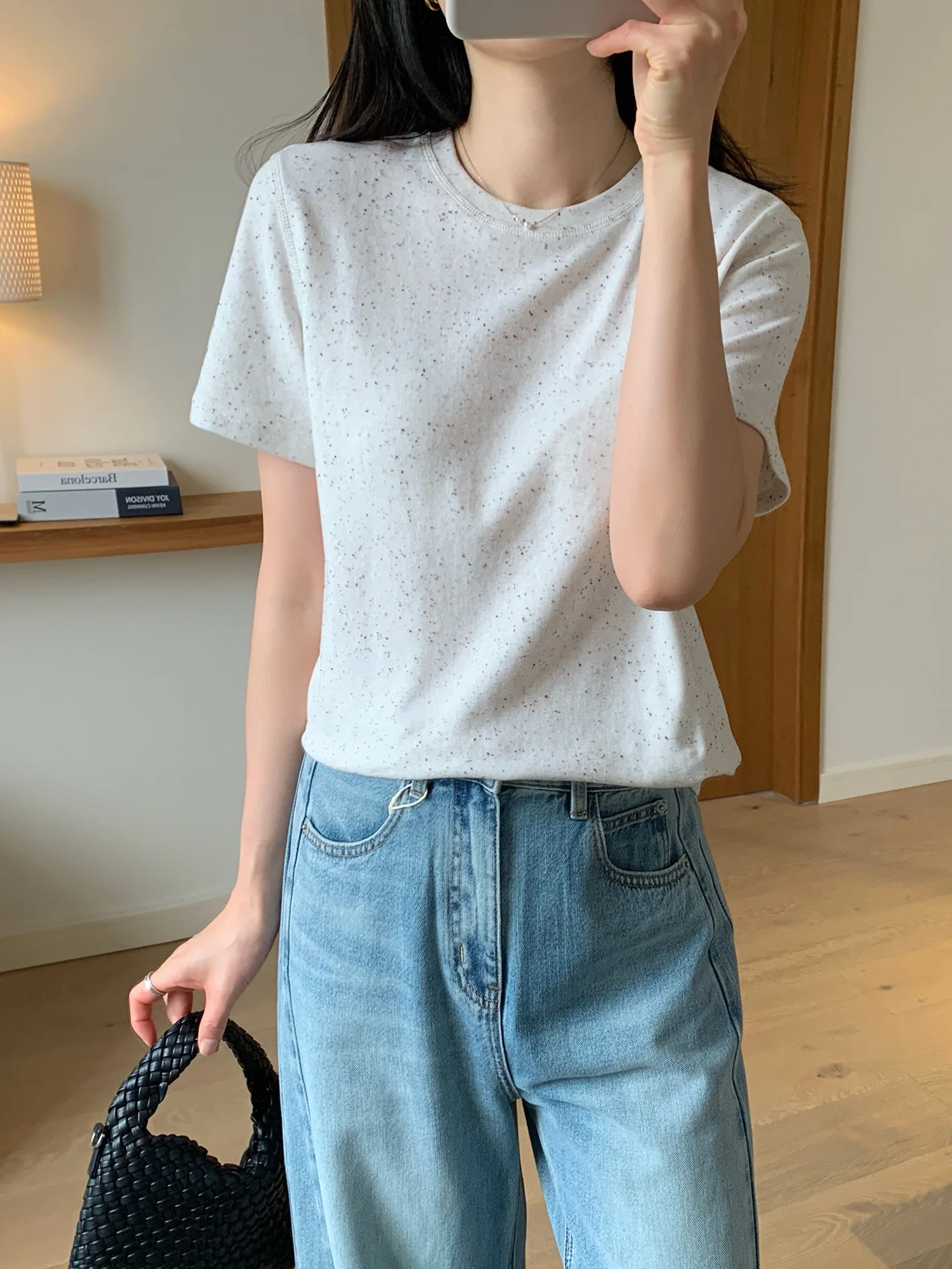 

Uni Crispirit Women's Basic round Neck Short Sleeve T-shirt Comfortable Cotton Blend Dyed-to-match Twist Yarn Casual Top